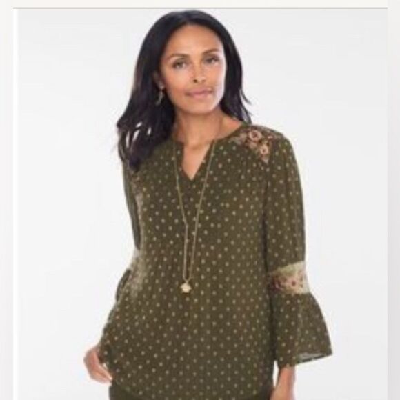Chico’s Sz 1 Green Dot Jacquard Lined Peasant Top Velvet Floral Trim - Picture 1 of 10